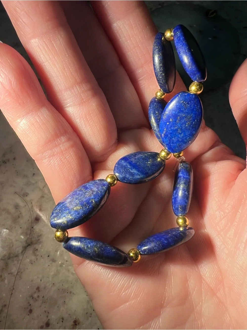 Lapis Lazuli Beaded Stretch Bracelet - Deep Blue with Gold Accent